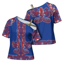 Blue Russian National Costume Cross Shoulder Shirt Rooster Motifs Traditional Folk Pattern - Wonder Print Shop