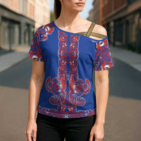 Blue Russian National Costume Cross Shoulder Shirt Rooster Motifs Traditional Folk Pattern - Wonder Print Shop