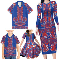 Blue Russian National Costume Family Matching Long Sleeve Bodycon Dress and Hawaiian Shirt Rooster Motifs Traditional Folk Pattern - Wonder Print Shop