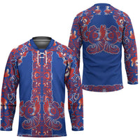 Blue Russian National Costume Hockey Jersey Rooster Motifs Traditional Folk Pattern - Wonder Print Shop