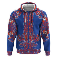 Blue Russian National Costume Hoodie Rooster Motifs Traditional Folk Pattern - Wonder Print Shop