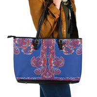Blue Russian National Costume Leather Tote Bag Rooster Motifs Traditional Folk Pattern - Wonder Print Shop