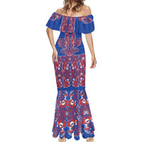 Blue Russian National Costume Mermaid Dress Rooster Motifs Traditional Folk Pattern - Wonder Print Shop