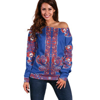 Blue Russian National Costume Off Shoulder Sweater Rooster Motifs Traditional Folk Pattern - Wonder Print Shop