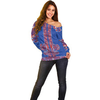 Blue Russian National Costume Off Shoulder Sweater Rooster Motifs Traditional Folk Pattern - Wonder Print Shop