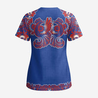 Blue Russian National Costume Scrub Top Rooster Motifs Traditional Folk Pattern - Wonder Print Shop