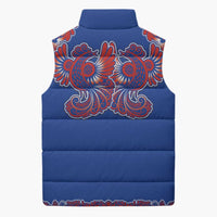 Blue Russian National Costume Sleeveless Puffer Jacket Rooster Motifs Traditional Folk Pattern - Wonder Print Shop