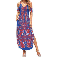 Blue Russian National Costume Summer Maxi Dress Rooster Motifs Traditional Folk Pattern - Wonder Print Shop
