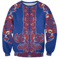 Blue Russian National Costume Sweatshirt Rooster Motifs Traditional Folk Pattern - Wonder Print Shop