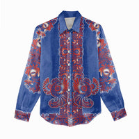 Blue Russian National Costume Women Casual Shirt Rooster Motifs Traditional Folk Pattern - Wonder Print Shop