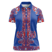 Blue Russian National Costume Women Polo Shirt Rooster Motifs Traditional Folk Pattern - Wonder Print Shop