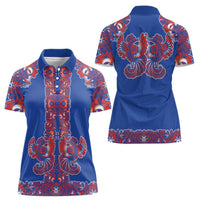 Blue Russian National Costume Women Polo Shirt Rooster Motifs Traditional Folk Pattern - Wonder Print Shop