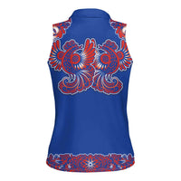 Blue Russian National Costume Women Sleeveless Polo Shirt Rooster Motifs Traditional Folk Pattern - Wonder Print Shop