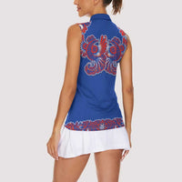 Blue Russian National Costume Women Sleeveless Polo Shirt Rooster Motifs Traditional Folk Pattern - Wonder Print Shop