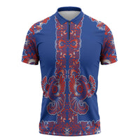 Blue Russian National Costume Zipper Polo Shirt Rooster Motifs Traditional Folk Pattern - Wonder Print Shop