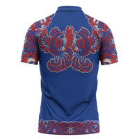 Blue Russian National Costume Zipper Polo Shirt Rooster Motifs Traditional Folk Pattern - Wonder Print Shop