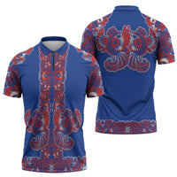 Blue Russian National Costume Zipper Polo Shirt Rooster Motifs Traditional Folk Pattern - Wonder Print Shop