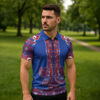 Blue Russian National Costume Zipper Polo Shirt Rooster Motifs Traditional Folk Pattern - Wonder Print Shop