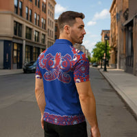 Blue Russian National Costume Zipper Polo Shirt Rooster Motifs Traditional Folk Pattern - Wonder Print Shop