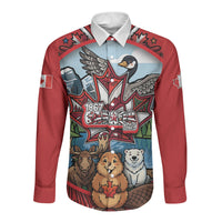Happy Canada Day Long Sleeve Button Shirt Cute Wildlife Animals Maple Leaf