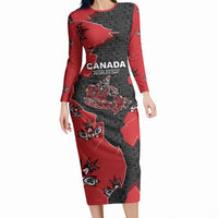 Canada National Indigenous Peoples Day Long Sleeve Bodycon Dress Red Map Haida Totem Patterns