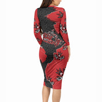 Canada National Indigenous Peoples Day Long Sleeve Bodycon Dress Red Map Haida Totem Patterns