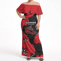 Canada National Indigenous Peoples Day Off Shoulder Maxi Dress Red Map Haida Totem Patterns