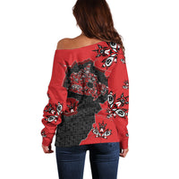 Canada National Indigenous Peoples Day Off Shoulder Sweater Red Map Haida Totem Patterns