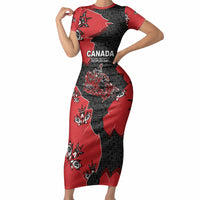 Canada National Indigenous Peoples Day Short Sleeve Bodycon Dress Red Map Haida Totem Patterns