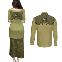 Western Gothic Yoke Couples Matching Puletasi and Long Sleeve Button Shirt Retro Butterfly With Daisy Garden - Wonder Print Shop