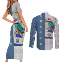 El Salvador Torogoz Christmas Couples Matching Short Sleeve Bodycon Dress and Long Sleeve Button Shirt With Wool Effect Patterns - Wonder Print Shop