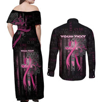 Personalized American Breast Cancer Couples Matching Off Shoulder Maxi Dress and Long Sleeve Button Shirt Hope And Cure Cross - Wonder Print Shop