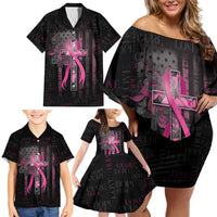 Personalized American Breast Cancer Family Matching Off Shoulder Short Dress and Hawaiian Shirt Hope And Cure Cross - Wonder Print Shop