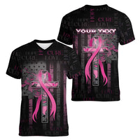 Personalized American Breast Cancer Women V-Neck T-Shirt Hope And Cure Cross - Wonder Print Shop