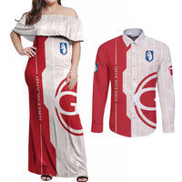 Greenland Couples Matching Off Shoulder Maxi Dress and Long Sleeve Button Shirt Coat Of Arms Unique Style