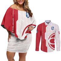 Greenland Couples Matching Off Shoulder Short Dress and Long Sleeve Button Shirt Coat Of Arms Unique Style