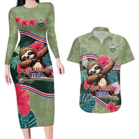 Costa Rica Couples Matching Long Sleeve Bodycon Dress and Hawaiian Shirt Pura Vida Dabbing Sloth