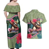 Costa Rica Couples Matching Off Shoulder Maxi Dress and Hawaiian Shirt Pura Vida Dabbing Sloth