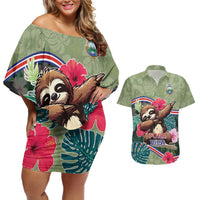 Costa Rica Couples Matching Off Shoulder Short Dress and Hawaiian Shirt Pura Vida Dabbing Sloth