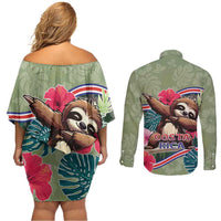 Costa Rica Couples Matching Off Shoulder Short Dress and Long Sleeve Button Shirt Pura Vida Dabbing Sloth