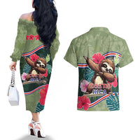 Costa Rica Couples Matching Off The Shoulder Long Sleeve Dress and Hawaiian Shirt Pura Vida Dabbing Sloth