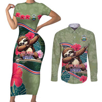 Costa Rica Couples Matching Short Sleeve Bodycon Dress and Long Sleeve Button Shirt Pura Vida Dabbing Sloth
