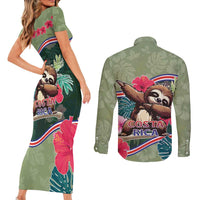 Costa Rica Couples Matching Short Sleeve Bodycon Dress and Long Sleeve Button Shirt Pura Vida Dabbing Sloth