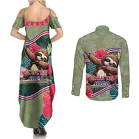 Costa Rica Couples Matching Summer Maxi Dress and Long Sleeve Button Shirt Pura Vida Dabbing Sloth