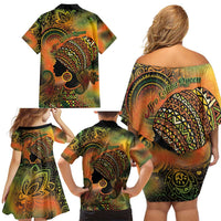 Black Women Family Matching Off Shoulder Short Dress and Hawaiian Shirt Afro Latina Queen - Wonder Print Shop