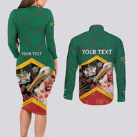 Personalized Saint Kitts and Nevis Couples Matching Long Sleeve Bodycon Dress and Long Sleeve Button Shirt Pelican With Poinciana Flowers - Wonder Print Shop