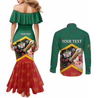 Personalized Saint Kitts and Nevis Couples Matching Mermaid Dress and Long Sleeve Button Shirt Pelican With Poinciana Flowers - Wonder Print Shop