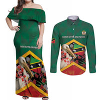 Personalized Saint Kitts and Nevis Couples Matching Off Shoulder Maxi Dress and Long Sleeve Button Shirt Pelican With Poinciana Flowers - Wonder Print Shop