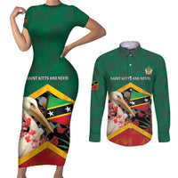 Personalized Saint Kitts and Nevis Couples Matching Short Sleeve Bodycon Dress and Long Sleeve Button Shirt Pelican With Poinciana Flowers - Wonder Print Shop
