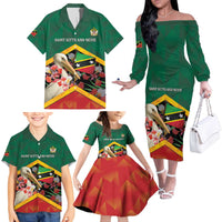 Personalized Saint Kitts and Nevis Family Matching Off The Shoulder Long Sleeve Dress and Hawaiian Shirt Pelican With Poinciana Flowers - Wonder Print Shop
